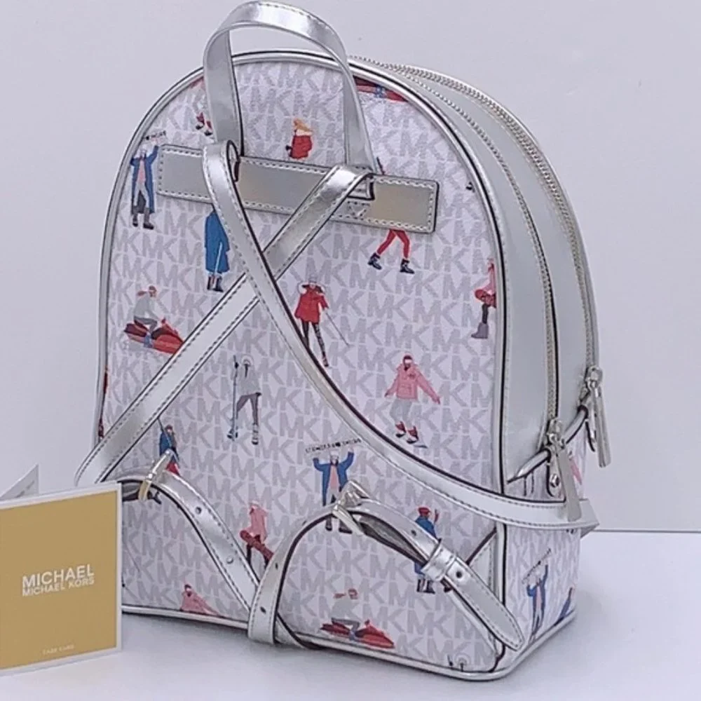 Michael Kors Jet Set Girls Adina Medium Backpack Bright White Silver Multi - Picture 5 of 16